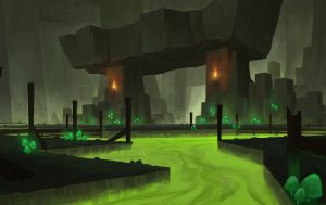 Concept art of underground dungeon with green river