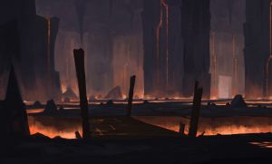 Concept art of an underground bridge over lava