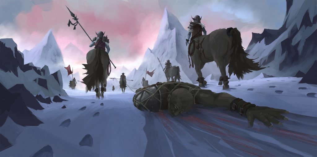 Digital concept art of Icegrip Centaurs dragging victim through mountain path