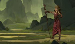Digital illustration of a female Forest Druid holding a staff