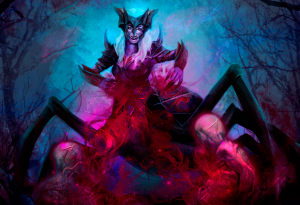 Digital painting of a humanoid spider (Zentragals) in a dark forest