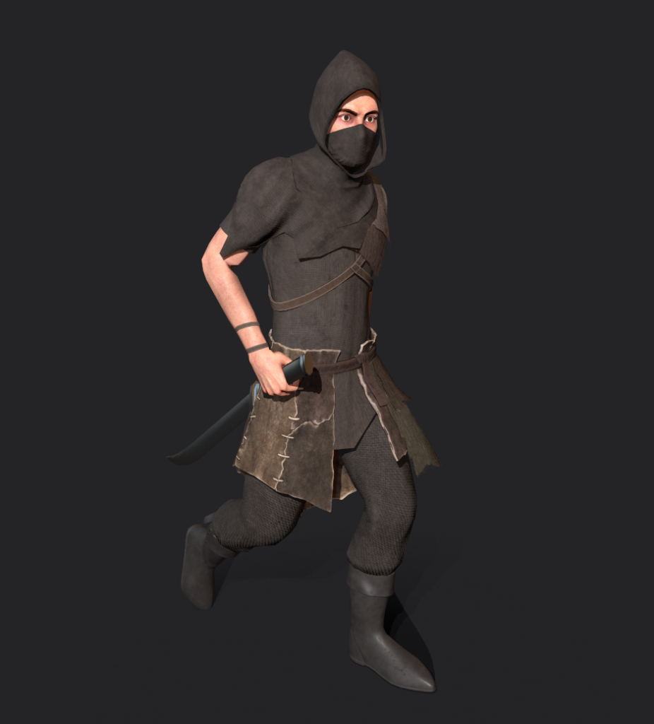 3D model of a bandit holding a knife and wearing a hood