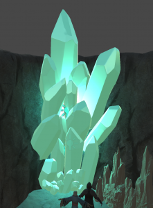 3D model of huge turquoise crystals glowing in the corner of a wall