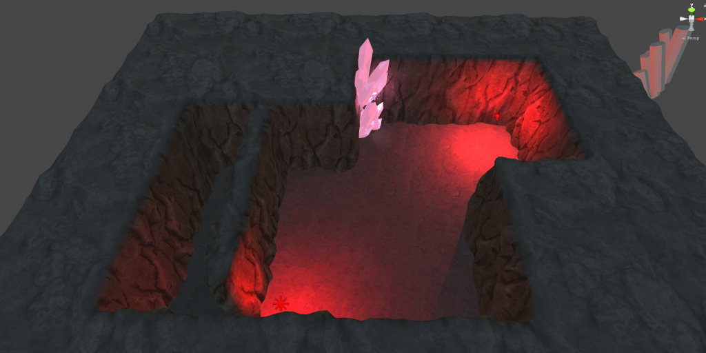 3D dungeon with glowing red crystals