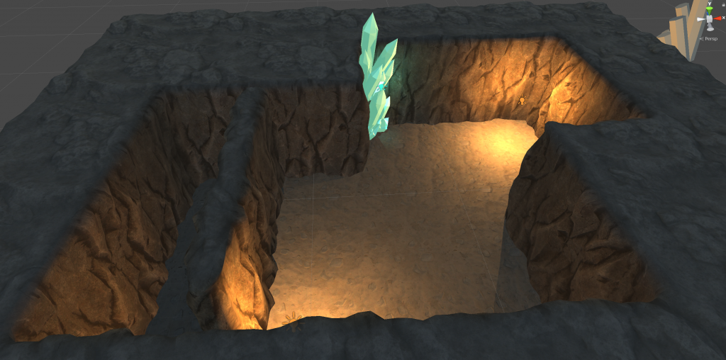 3D dungeon with glowing green crystals
