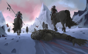 Concept art of centaurs dragging bleeding person through mountain path.