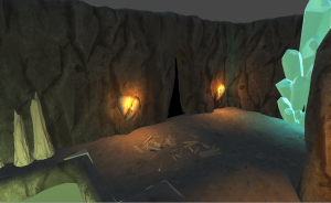 3D render of cave with torches on the wall and crystals in the corner