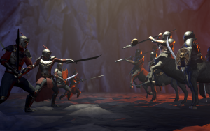 A 3D game render of underground battle scene between Knights and Icegrip Centaurs
