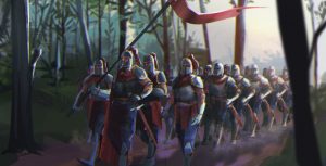 Concept art of human knights marching through forest