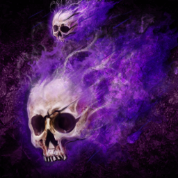 A digital painting of a skull fading into purple flames
