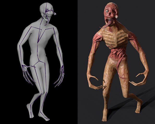 Side by side image of a zombie with its rigging showing next to the finished model