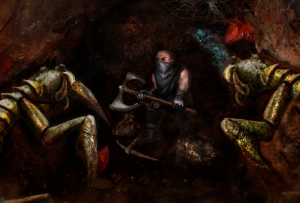 Digital painting of underground dwarf fighting off monsters