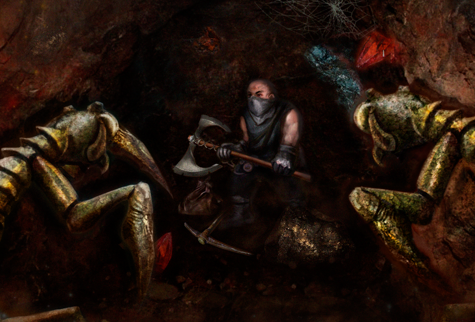 Digital painting of underground dwarf fighting off monsters