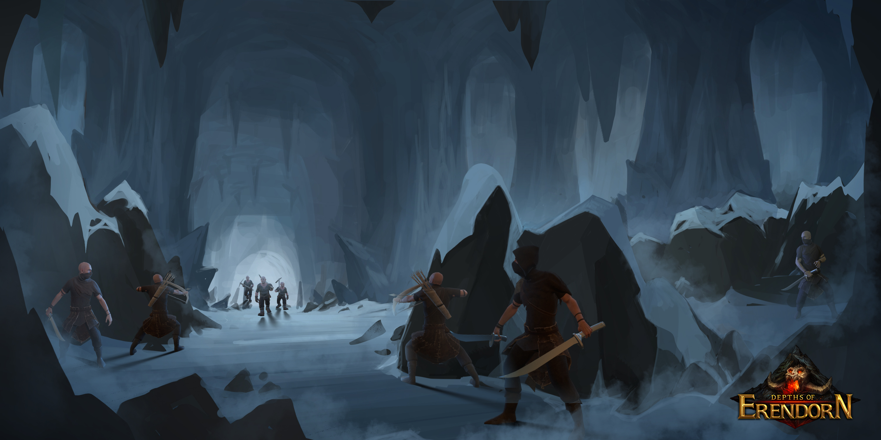 Concept art of an ice cave with bandits hiding behind rocks