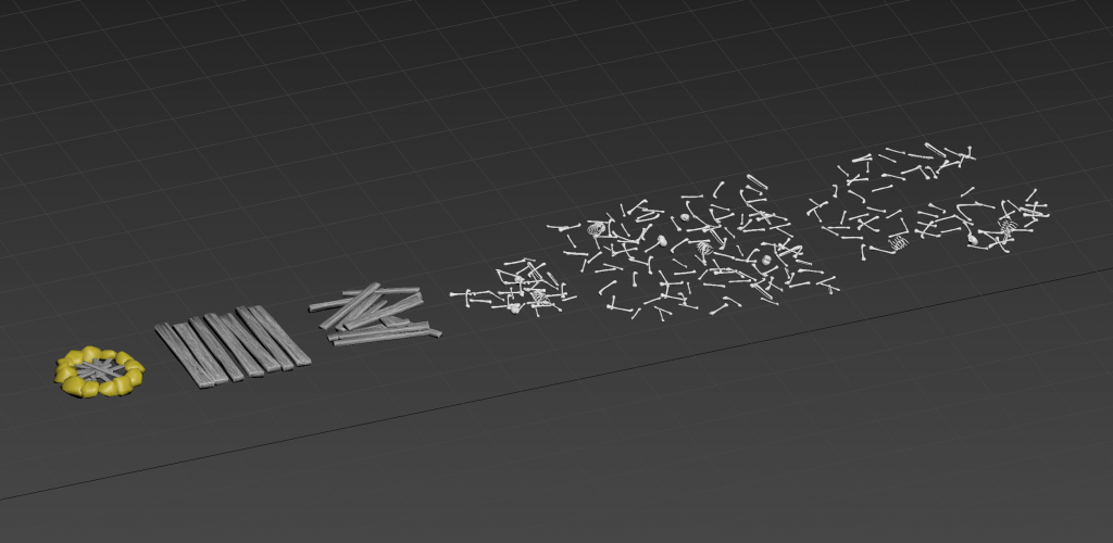 A row of game assets, including some scattered bones and wood planks