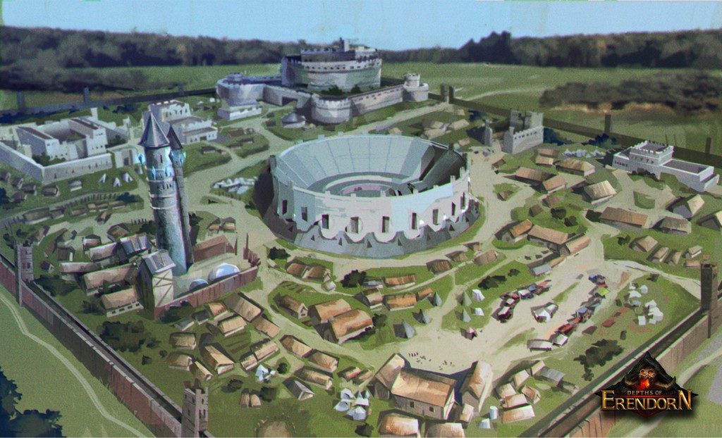Digital painting of a medieval settlement with large coliseum in the centre