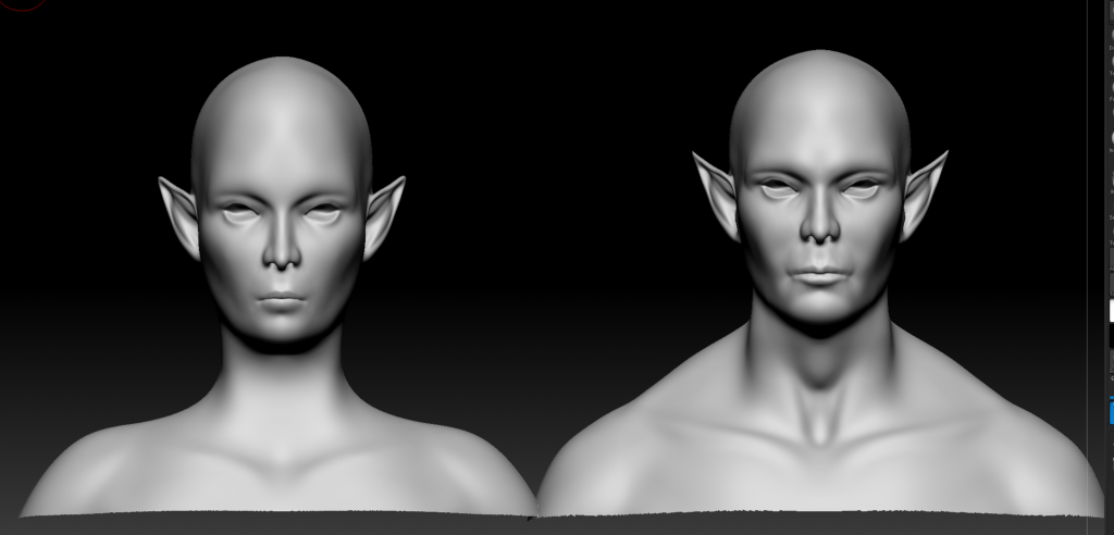 Black and whire 3D models of female and male elf facing forward