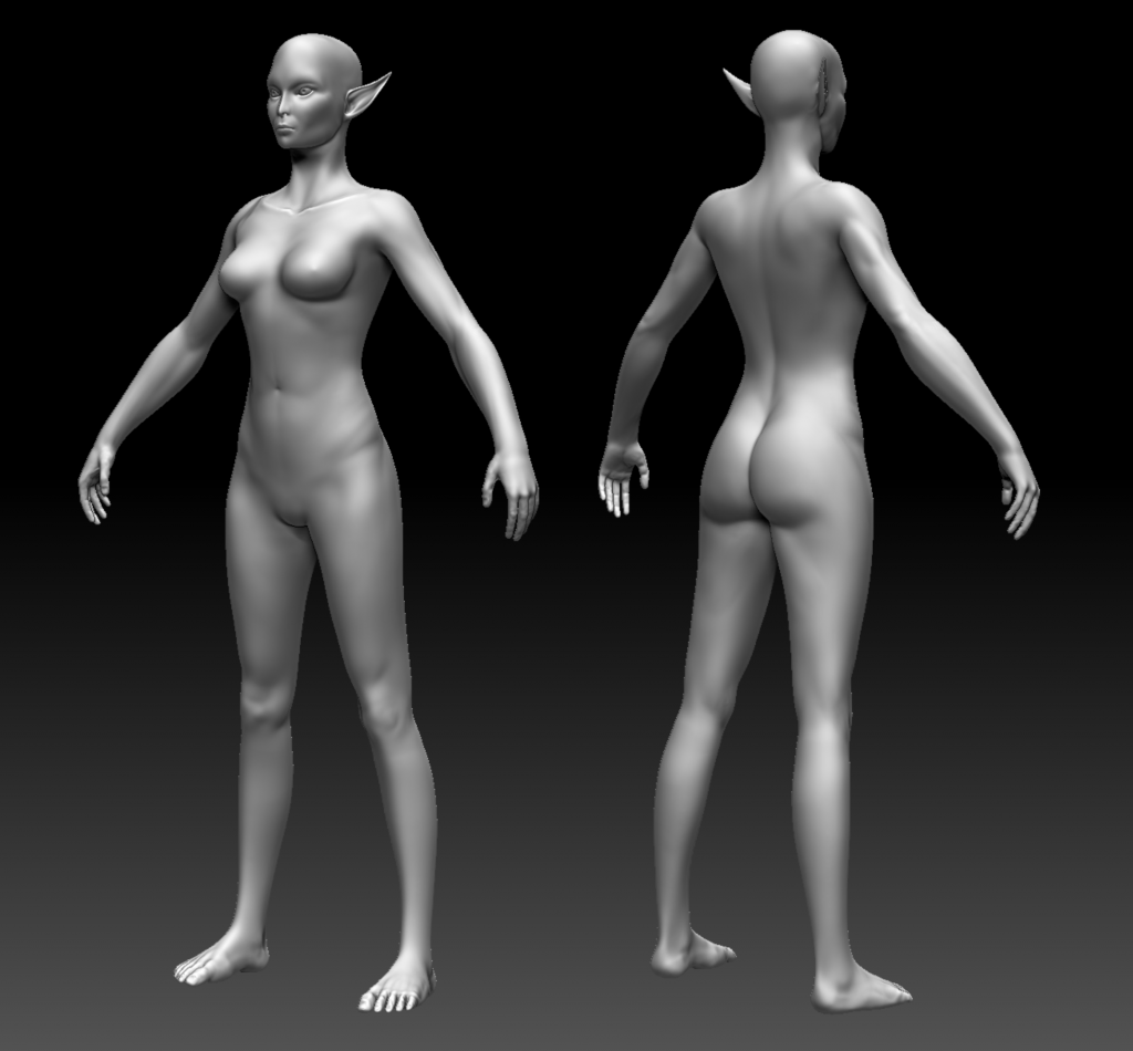 Black and white 3D sculpt of female Elf base mesh