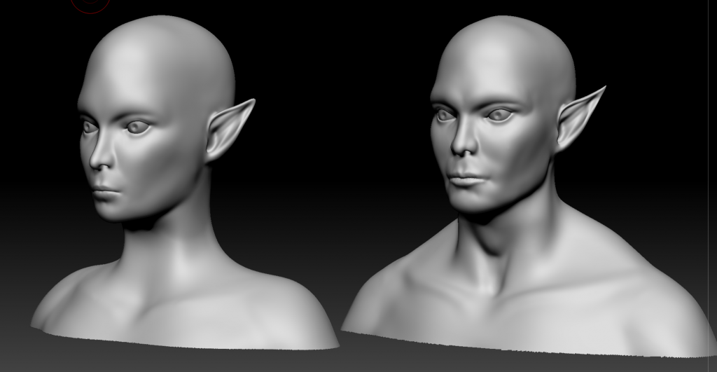 Black and white 3D models of male and female elf heads