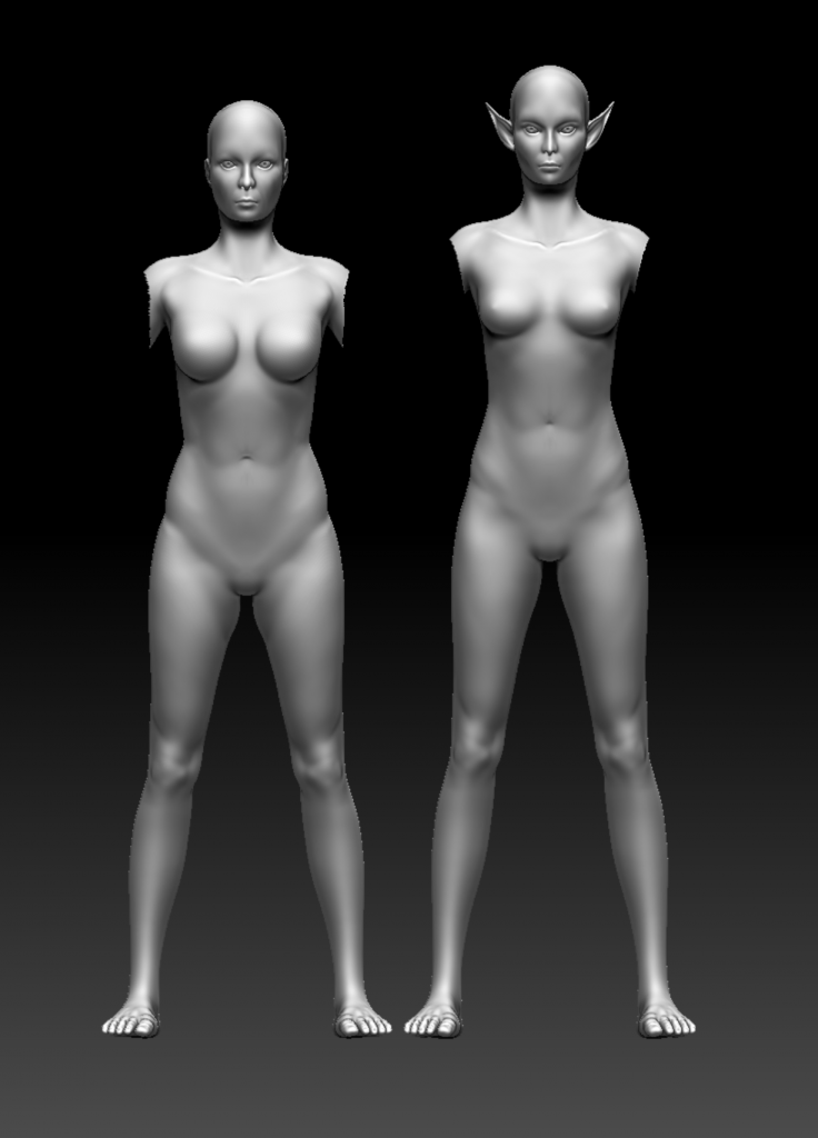 Black and white 3D sculpt of armless female elf and human