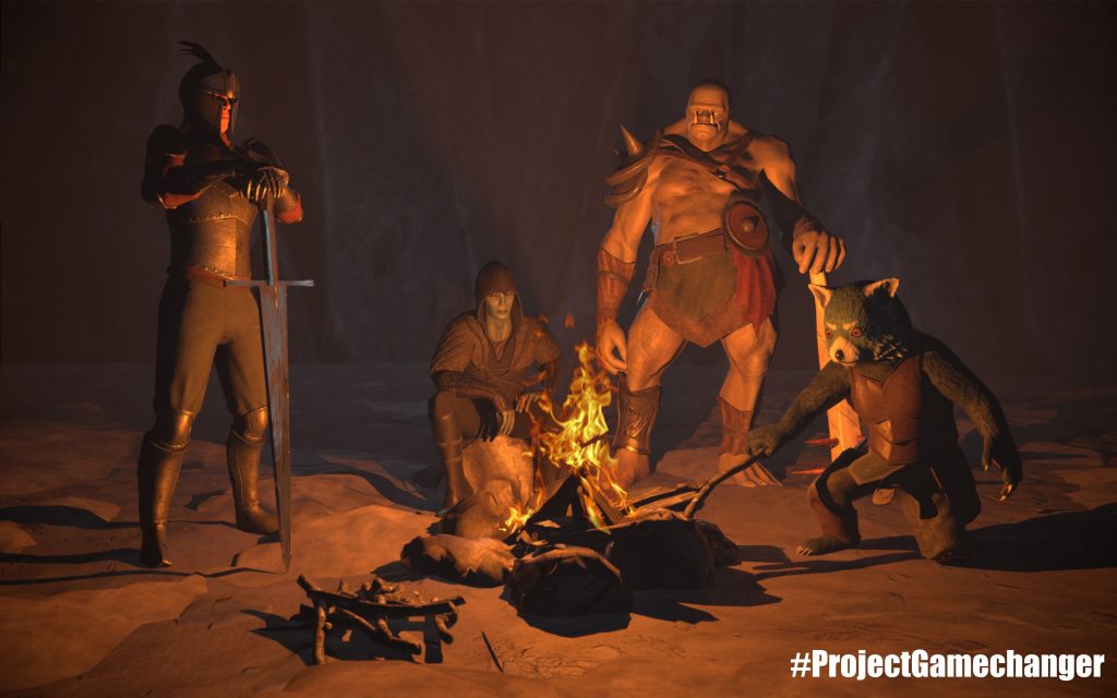 3D render scene of 4 fantasy characters round a campfire