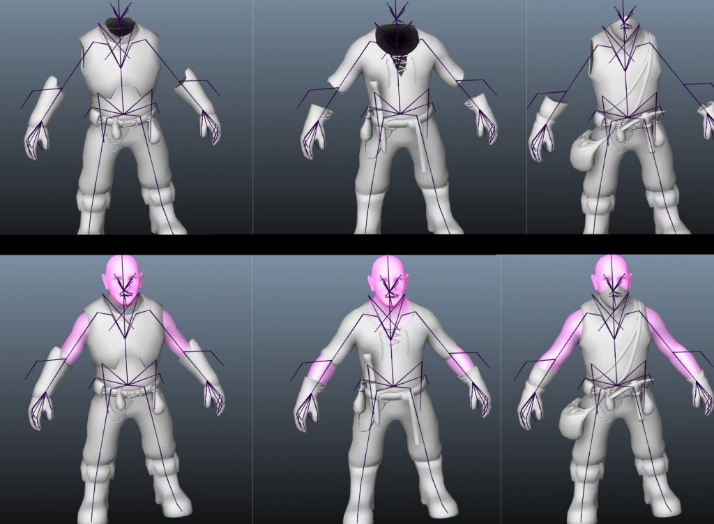 6 step-by-step screenshots of an Earthen Dwarf model getting its rig set-up