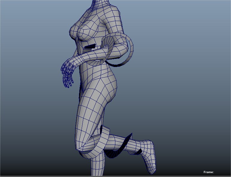 Screenshot of the lower half of a 3D female body with its mesh showing