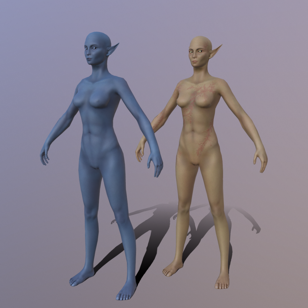 A full body shot of two 3D female elf models standing against a purple background. One of the elves is blue.