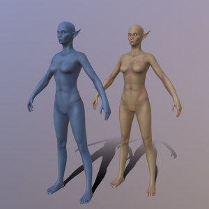 A full body shot of two 3D female elf models standing against a purple background. One of the elves is blue.