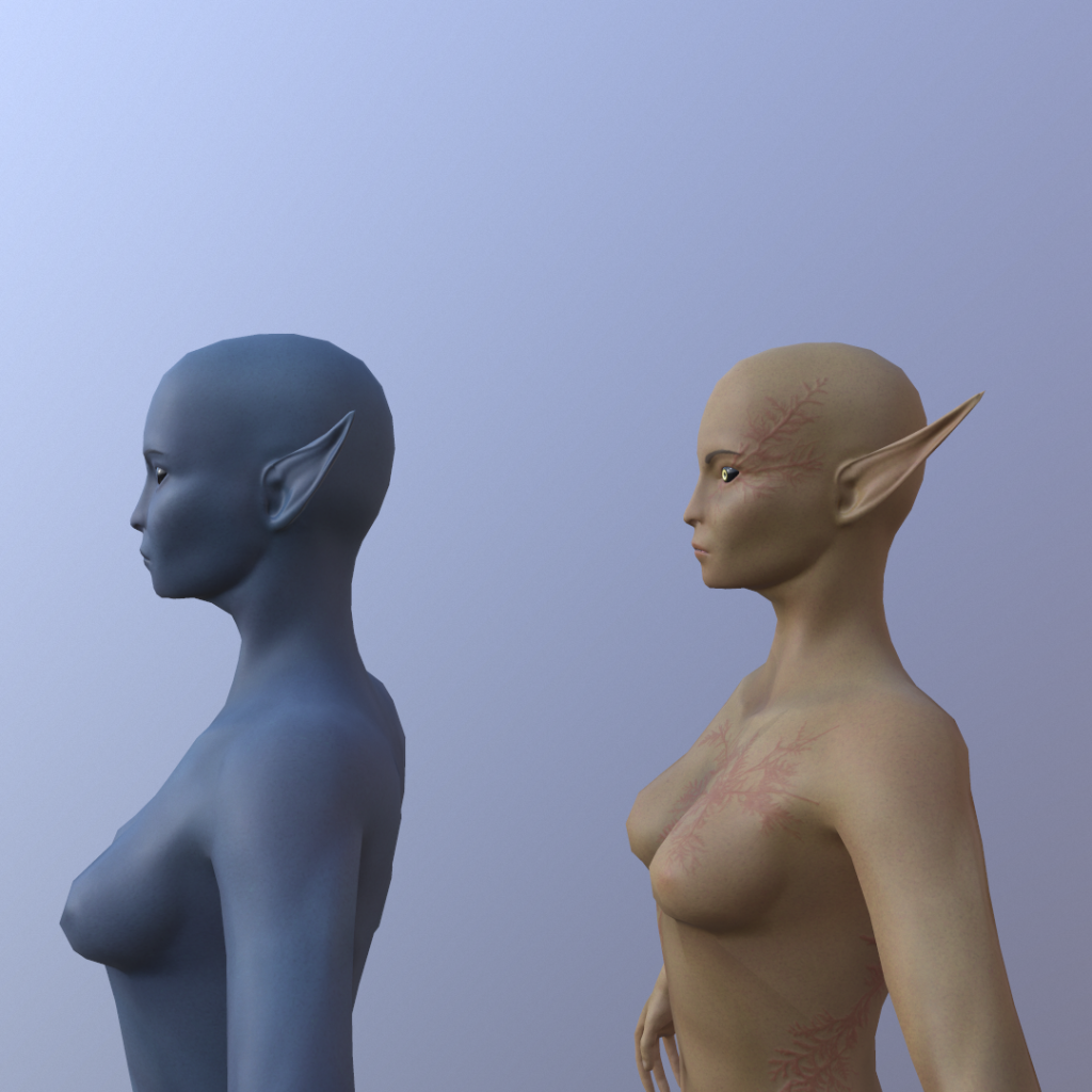 Side-shot of two 3D female elf models. One is blue and the other has longer ears.