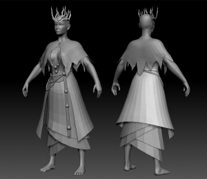 Black and white 3D model of the front and back of a Forest Druid. She wears a bohemian outfit and has branches wrapping round her head.