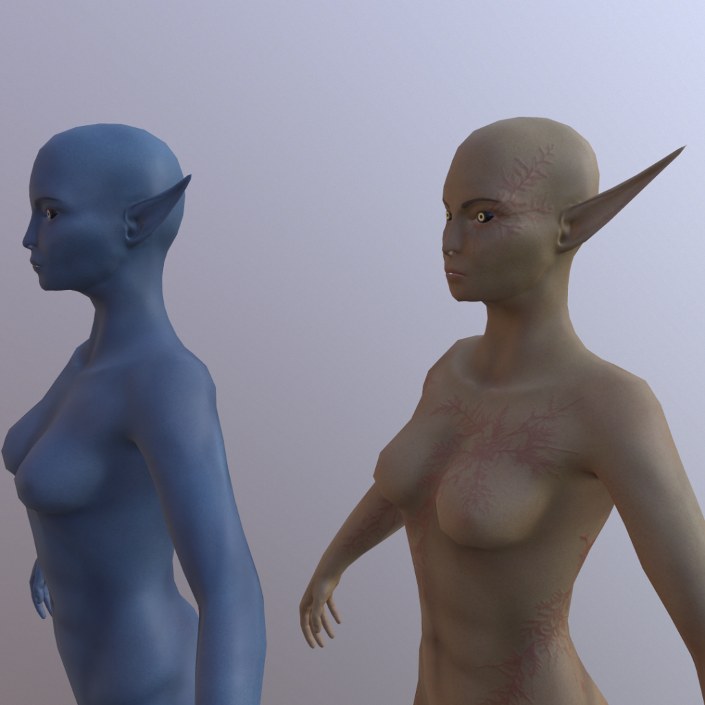 Three-quarter shot of two 3D female elves. One is blue and the other has longer ears.