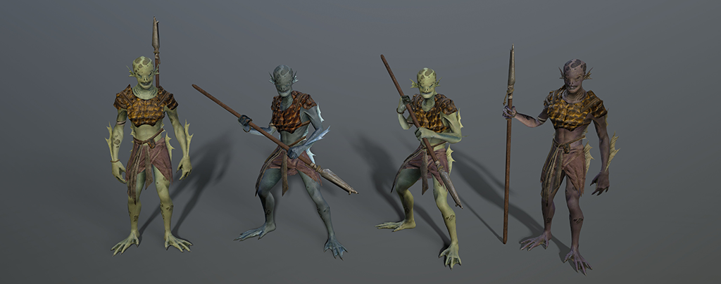 3D models of 4 Watertargs lined up against a grey background