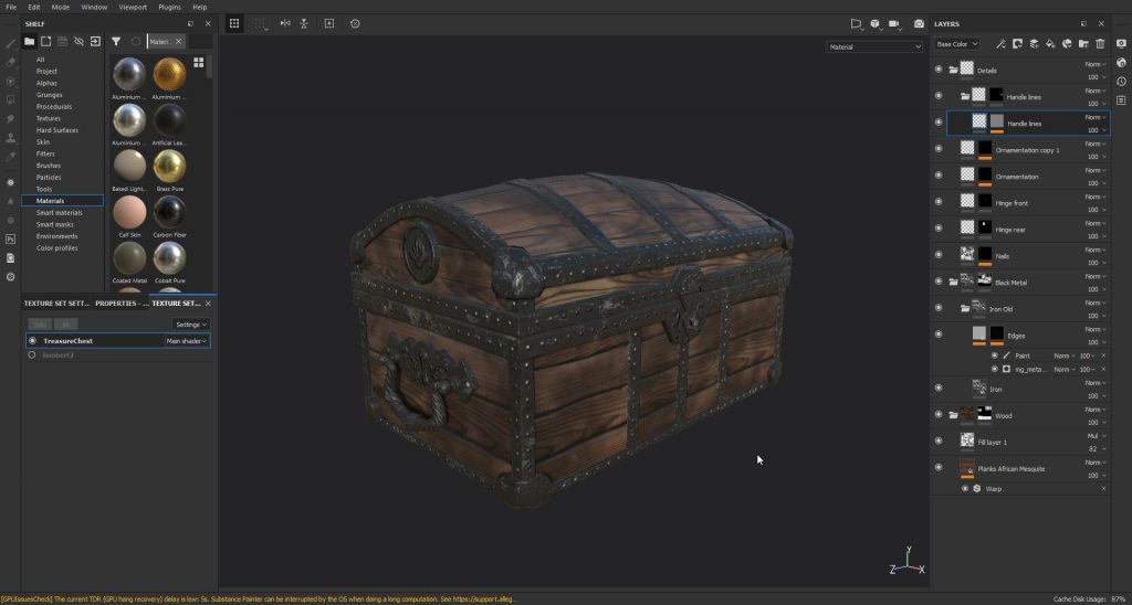 Screenshot showing a wooden chest being made in Substance Painter