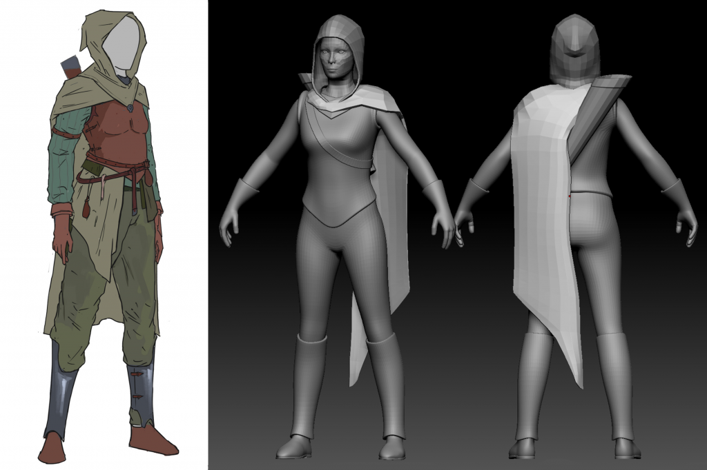 3D models of human Ranger next to concept sketch
