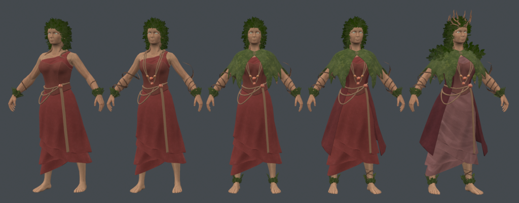 A line of female Forest Druid 3D models against grey background