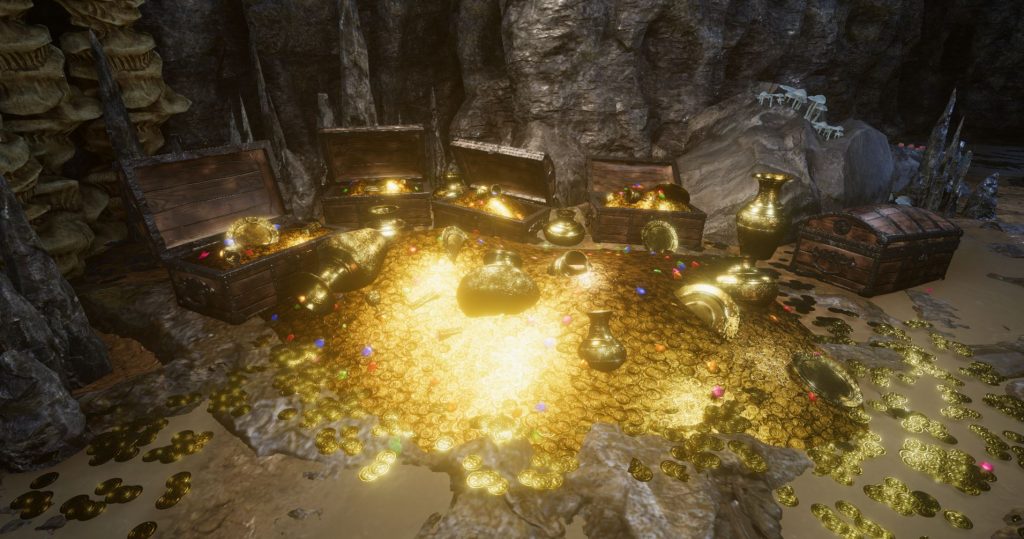 Screenshot from Unity showing three treasure chests surrounded by glowing piles of gold coins and items