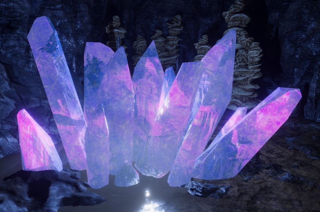 Screenshot from Unity showing a glowing blue and purple crystal cluster