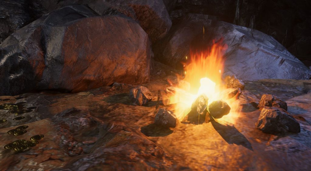Screenshot from Unity showing a campfire in a dark cave room