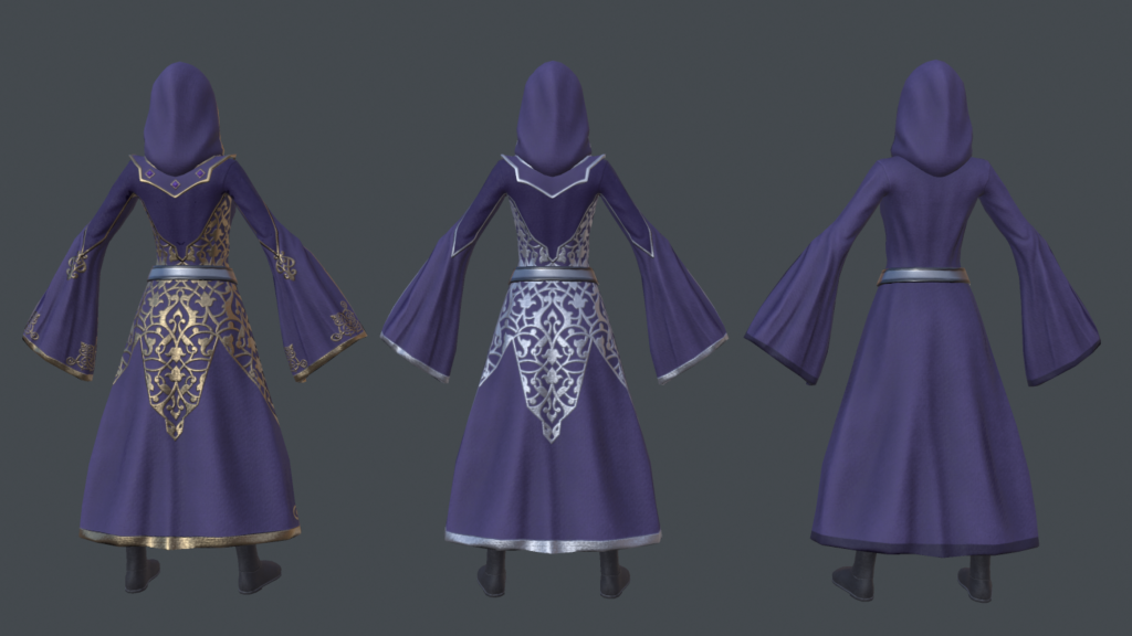 A back shot of 3 finished Sorceress models, each wearing a slightly different robe