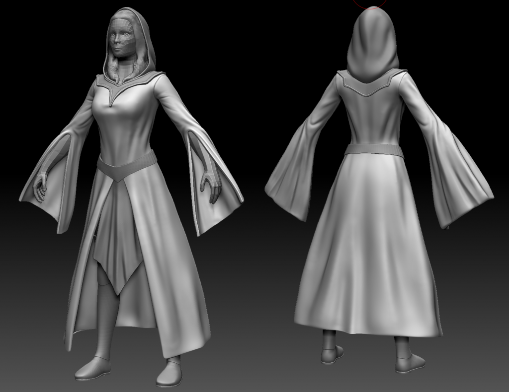 3D sculpt of a Sorceress in ZBrush wearing a hooded gown