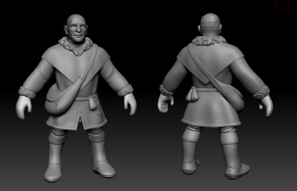 Front and back of a 3D Dwarf model in ZBrush. They are wearing a thick winter coat and a side satchel