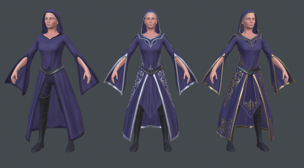 3 finished models of a Sorceress, each wearing slightly different robes