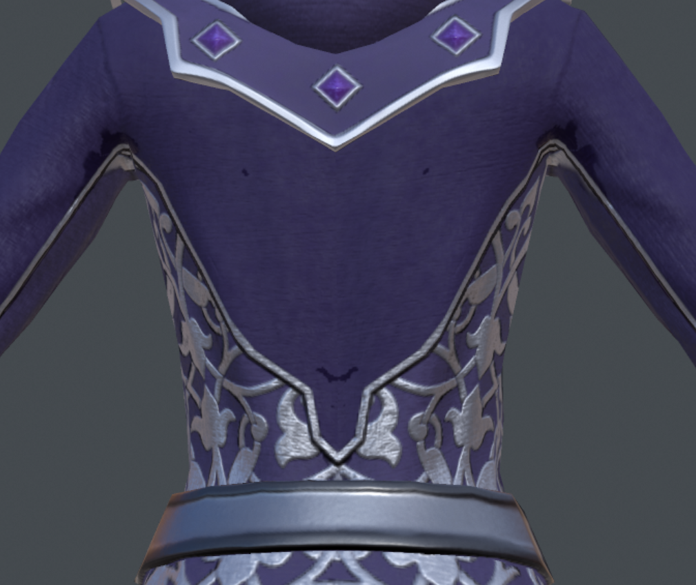 Close up of a Sorceress' robe in ZBrush showing silver patterns embroided round the back of the waist