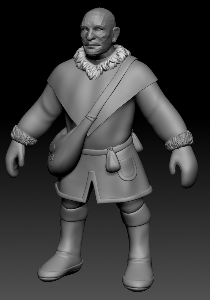 Screenshot of a 3D Dwarf model in ZBrush. They are wearing a thick winter coat and a side satchel