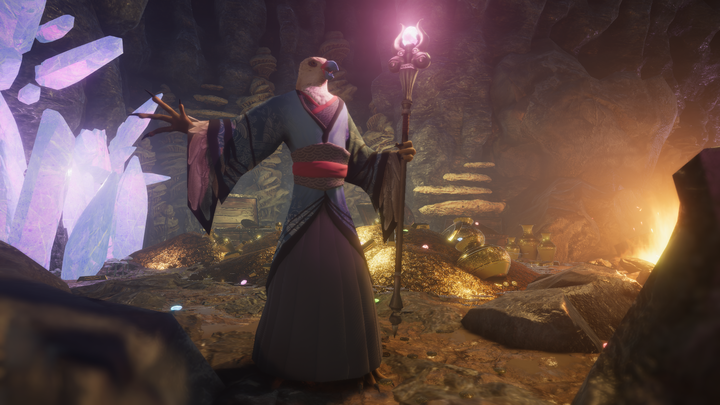 Screenshot from Unity showing a humanoid bird holding a glowing staff in a cave room