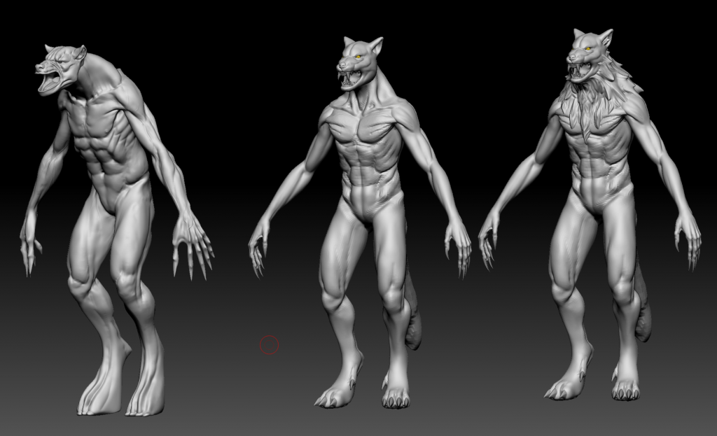 The original Wolvajin model next to its remodels in ZBrush