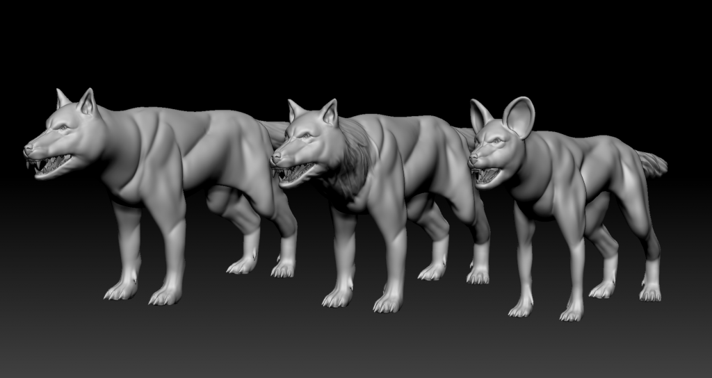 3D models of an Ice Husky, Dire Wolf and Savannah Wild Dog next to each other in ZBrush
