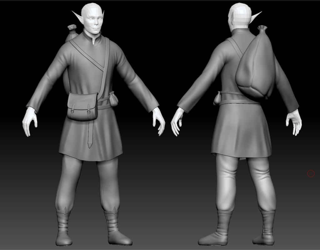 Screenshot from ZBrush showing the front and back of a Storm Elf Merchant base mesh.