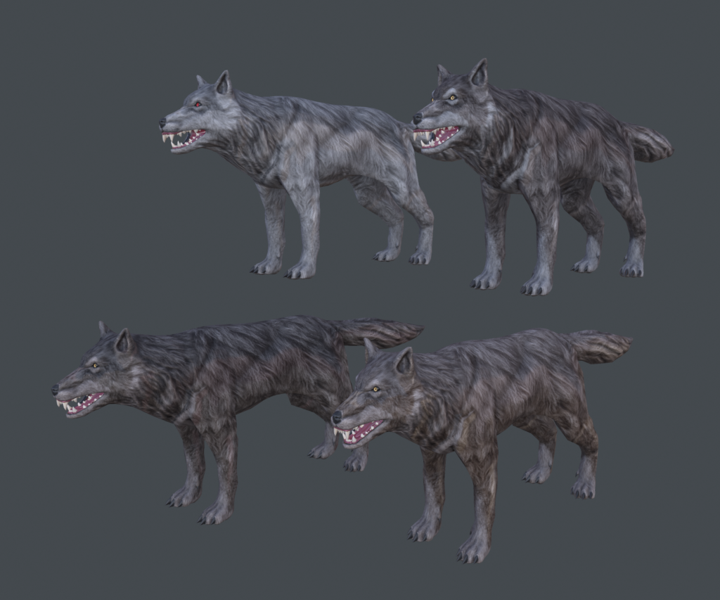 Four fully textured models of Dire Wolves in ZBrush